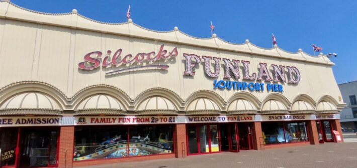 Photo of the front entrance to Silcocks Funland in Southport, UK